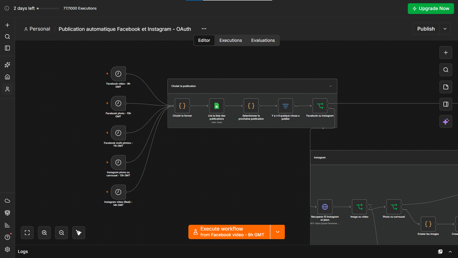 Capture du workflow Publication automatique Facebook et Instagram exécuté