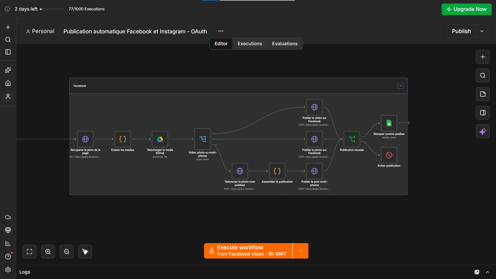 Capture du workflow Publication automatique Facebook et Instagram exécuté