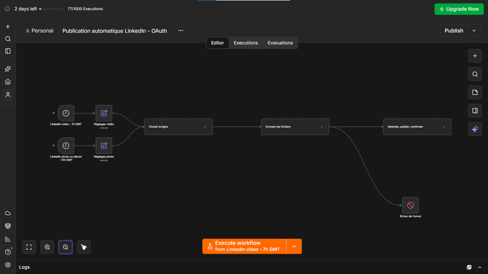 Capture du workflow Publication automatique LinkedIn exécuté