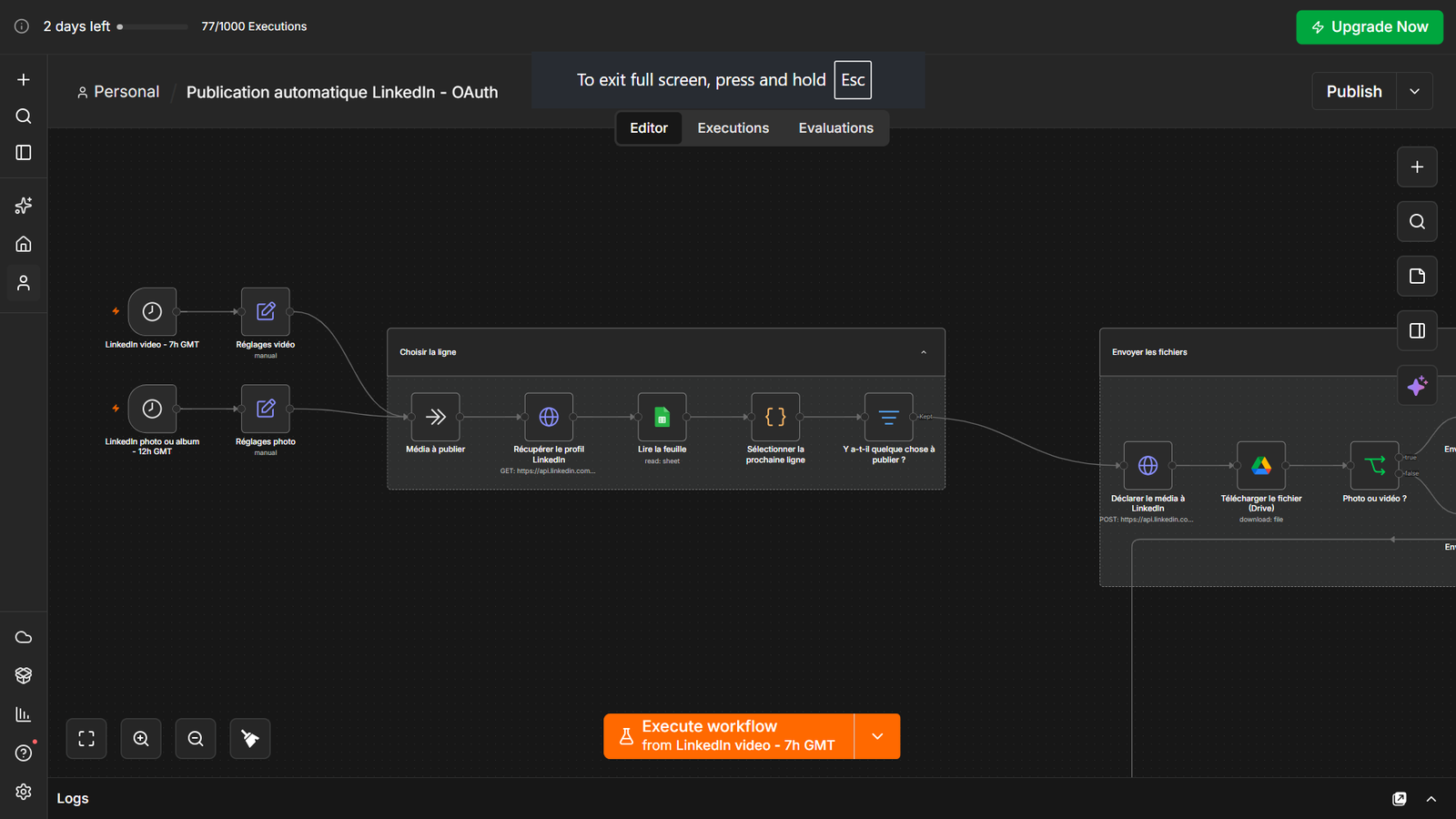 Capture du workflow Publication automatique LinkedIn exécuté