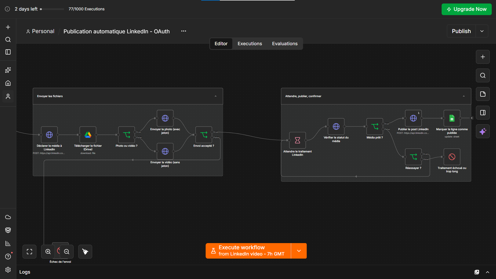 Capture du workflow Publication automatique LinkedIn exécuté
