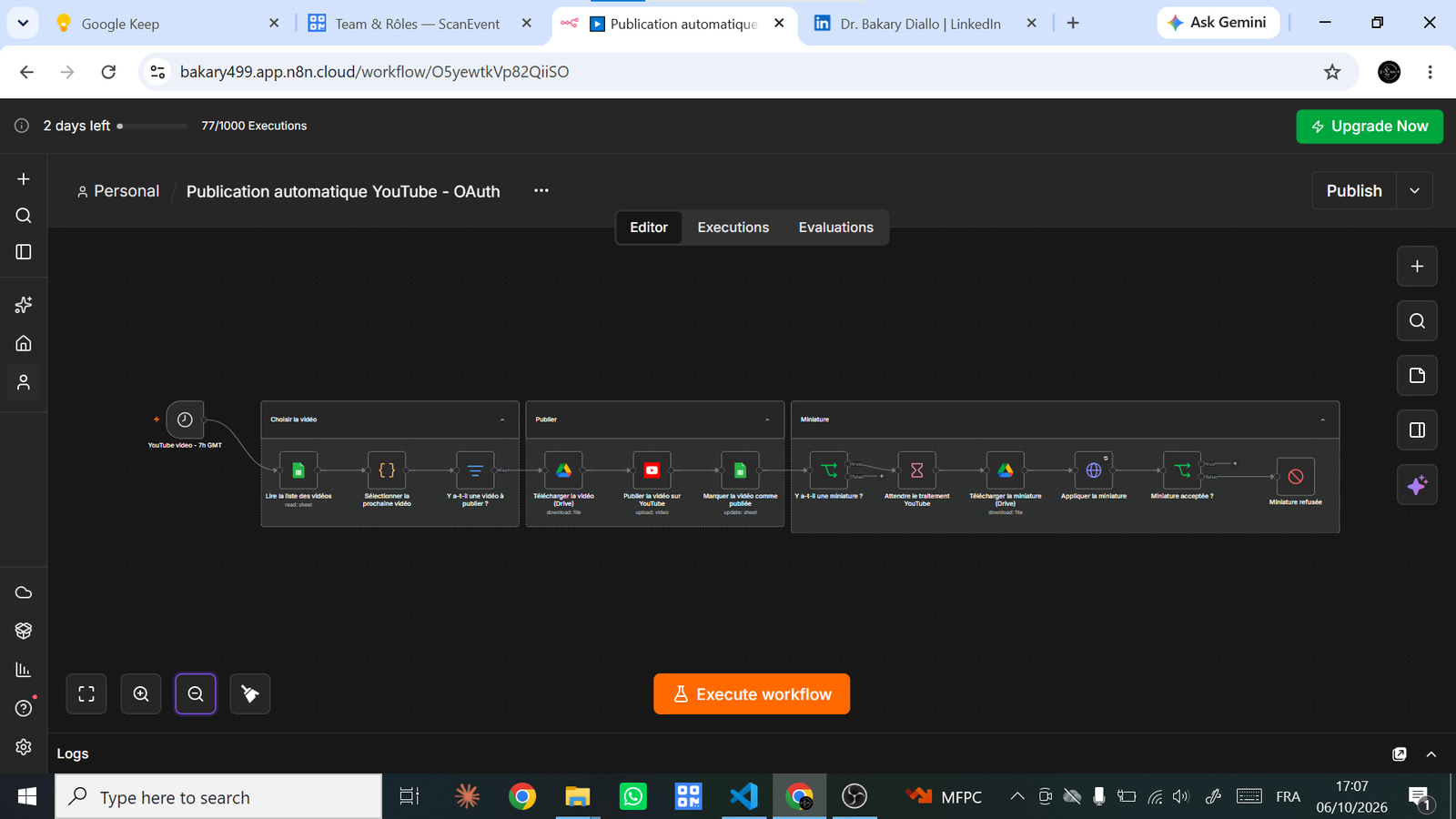 Capture du workflow Publication automatique YouTube exécuté
