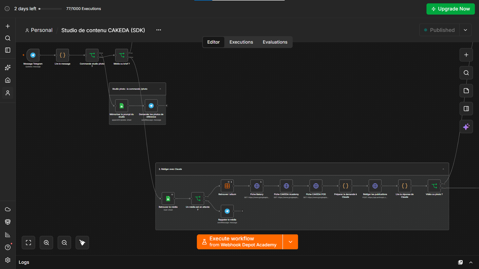 Capture du workflow Studio de contenu exécuté