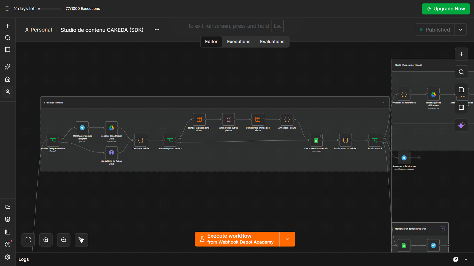 Capture du workflow Studio de contenu exécuté